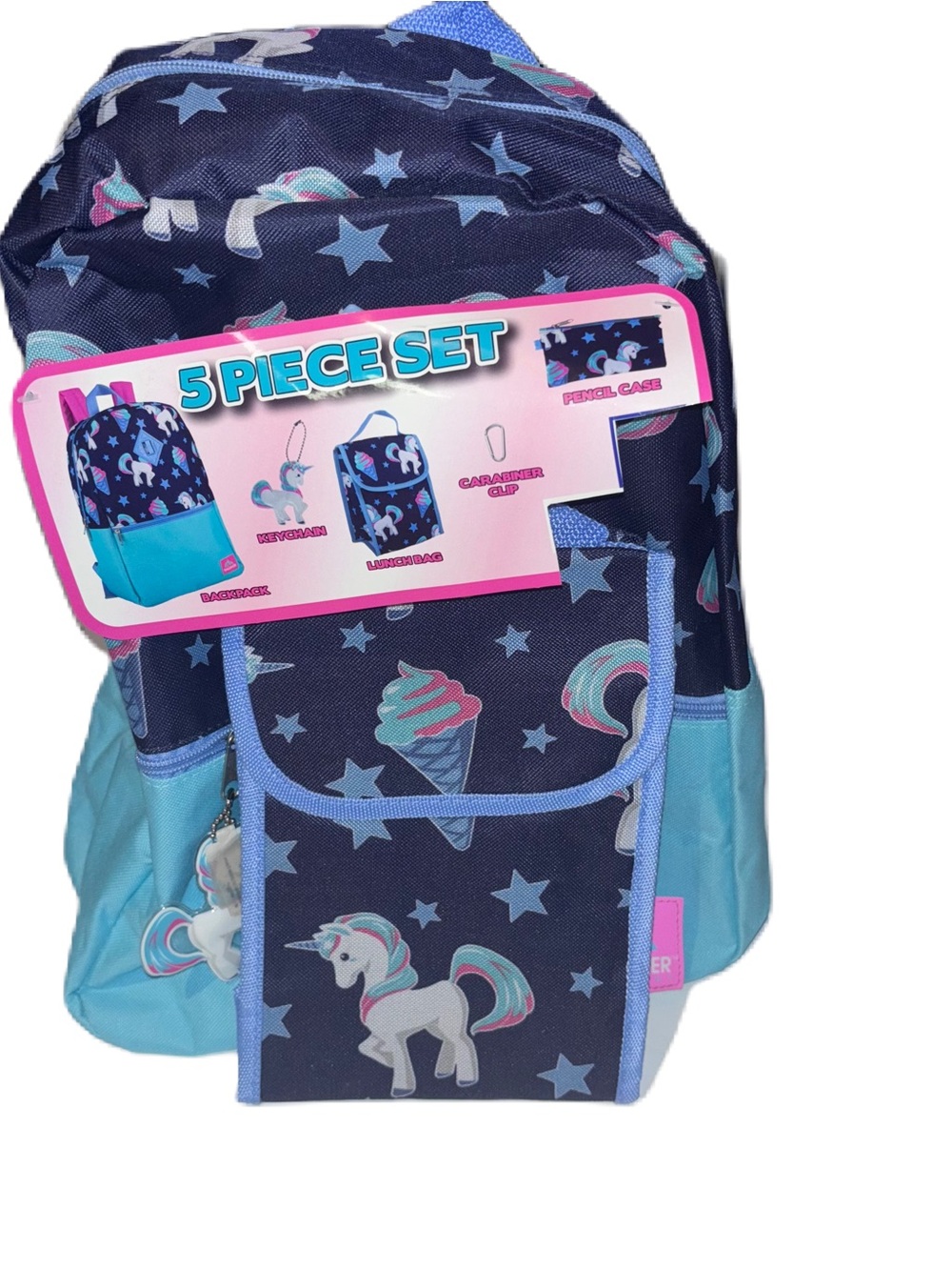 Trailmaker Unicorn & Stars 5-Piece Kids Girls Backpack Set - Navy & Light Blue